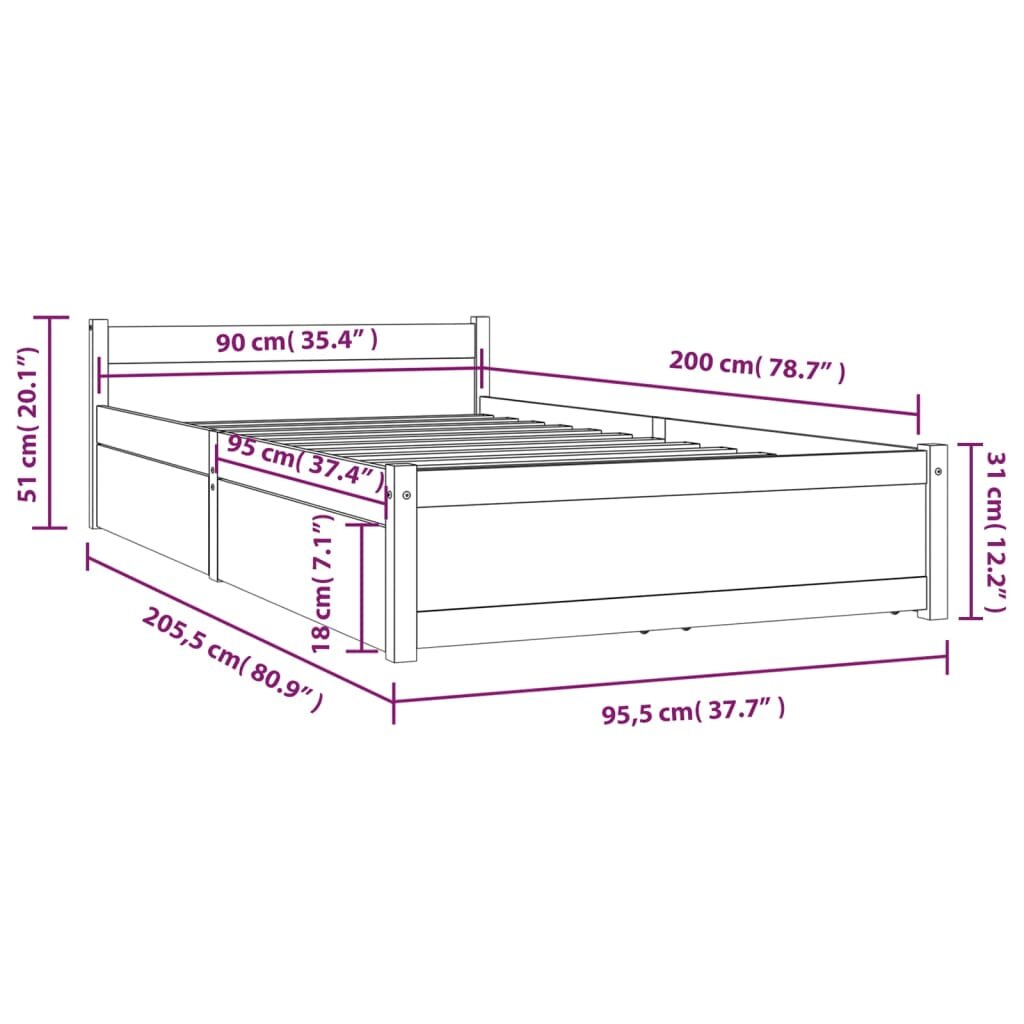 Lovos rėmas su stalčiais, 90x200cm kaina ir informacija | Lovos | pigu.lt