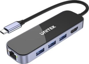 UNITEK HUB USB-C 3.1, RJ-45,3XUSB-A,HDMI,4K,PD100W цена и информация | Адаптеры, USB-разветвители | pigu.lt