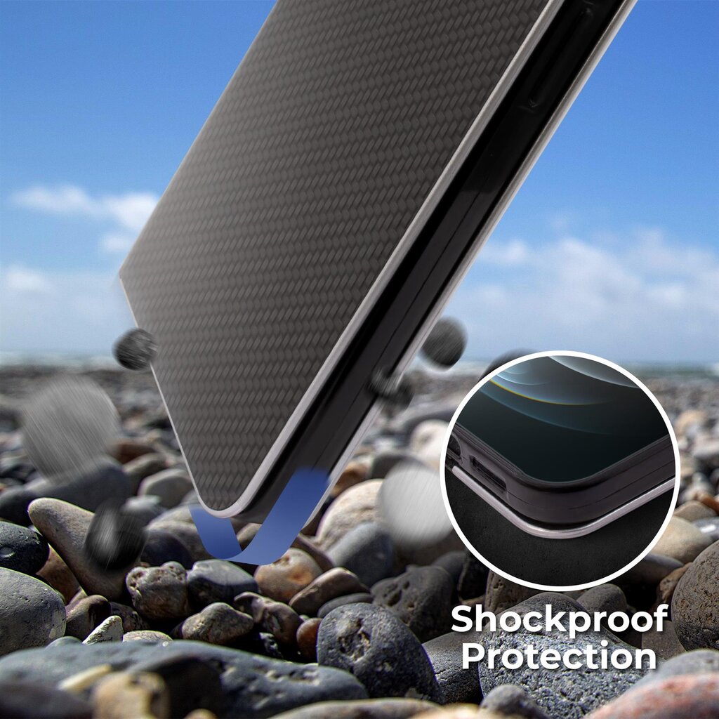 Moozy Atverčiamas Dėklas skirtas Samsung Galaxy A22 5G, Juodo Karbono – Metalinė Krašto Apsauga Dėklas su Kortelių Laikikliu ir Stovu kaina ir informacija | Telefono dėklai | pigu.lt