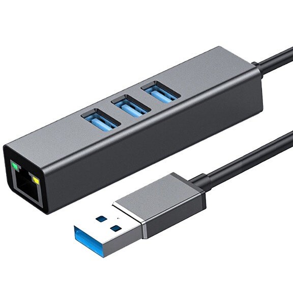 Adapteris HUB 3.0 , 3 USB 3.0 prievadai + Ethernet RJ45 Gigabit 1000 MB, skirtas Windows, MacOs, Linux kaina ir informacija | Adapteriai, USB šakotuvai | pigu.lt