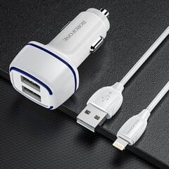 Borofone Car charger BZ14 Max - 2xUSB - 2,4A with USB to Lightning cable white цена и информация | Зарядные устройства для телефонов | pigu.lt