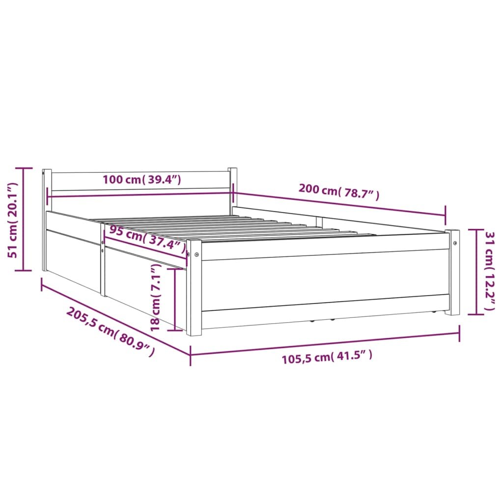 Lovos rėmas su stalčiais, baltos spalvos, 100x200cm kaina ir informacija | Lovos | pigu.lt