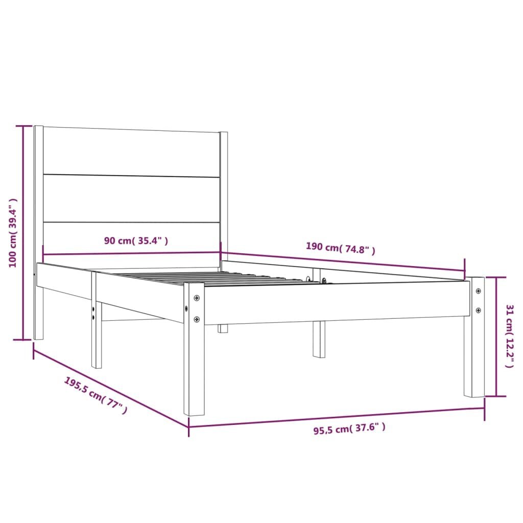 VidaXL Lovos rėmas, juodas, 90 x 190 cm, medienos masyvas, vienvietis kaina ir informacija | Lovos | pigu.lt