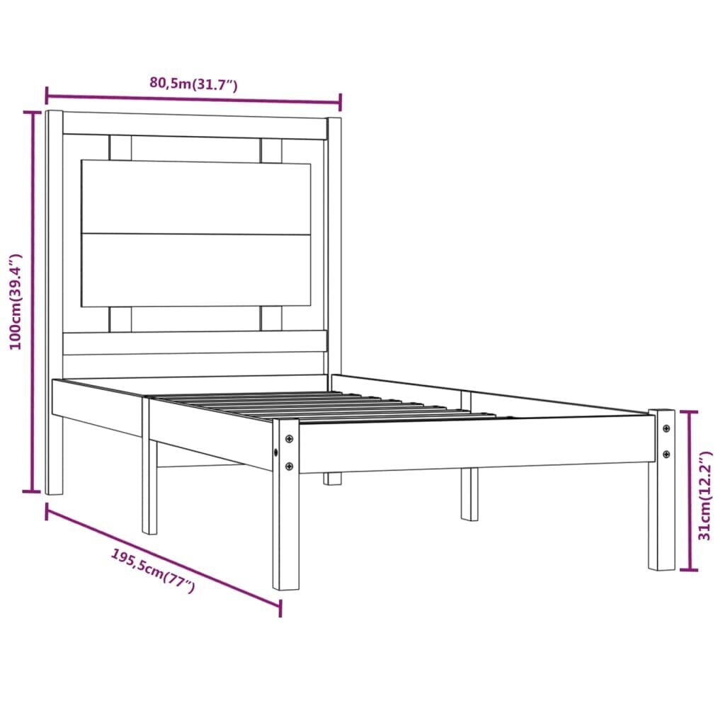 Lovos rėmas, baltas, 75x190cm, medienos masyvas, vienvietis kaina ir informacija | Lovos | pigu.lt