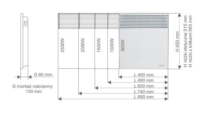 Konvekcinis šildytuvas 89 х 45 х 8 cm WARMTEC EWX-2500, termostatas, 2500 W, baltas цена и информация | Šildytuvai | pigu.lt