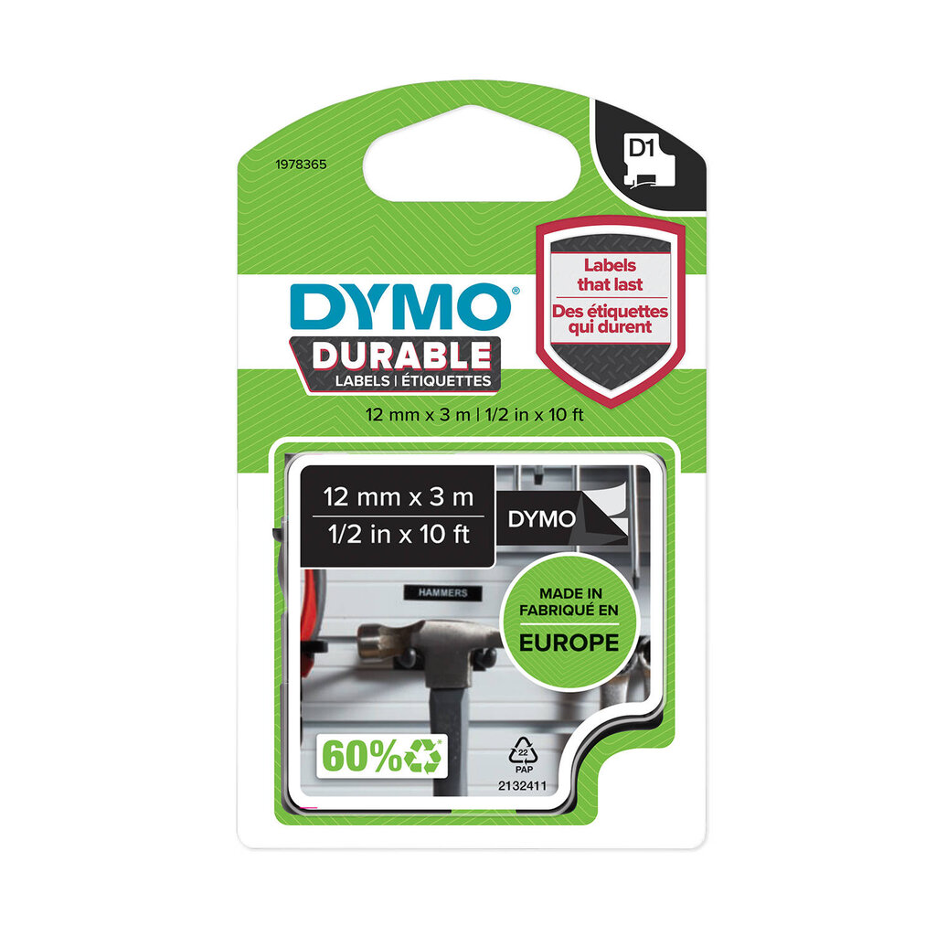 Dymo D1 Durable Juostelė 12mm x 3m / baltas ant juodos (1978365) kaina ir informacija | Spausdintuvų priedai | pigu.lt