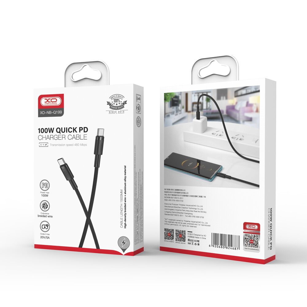 XO cable NB-Q199 PD USB-C - USB-C 1,5m 100W black kaina ir informacija | Laidai telefonams | pigu.lt