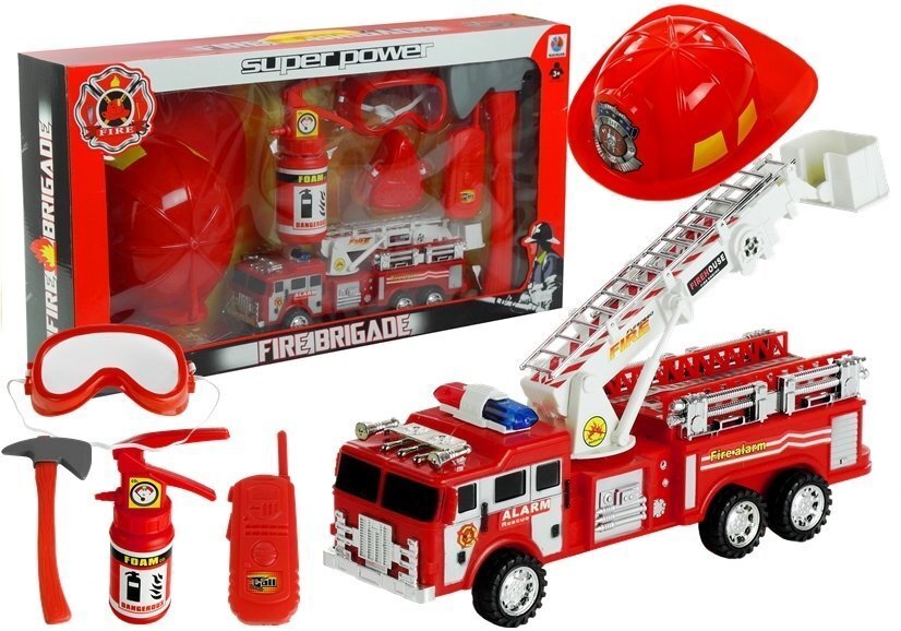 Ugniagesio rinkinys su automobiliu, šalmu ir gesintuvu, raudonas kaina ir informacija | Žaislai berniukams | pigu.lt
