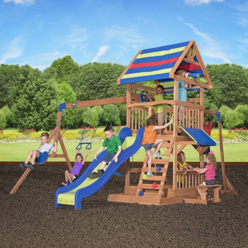 Didelė medinė žaidimų aikštelė - Backyard Discovery kaina ir informacija | Vaikų žaidimų nameliai | pigu.lt