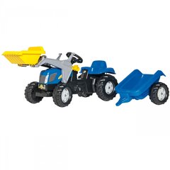 Vaikiškas minamas traktorius su kaušu ir priekaba - Rolly Toys Kid New Holland, mėlynas kaina ir informacija | Žaislai berniukams | pigu.lt