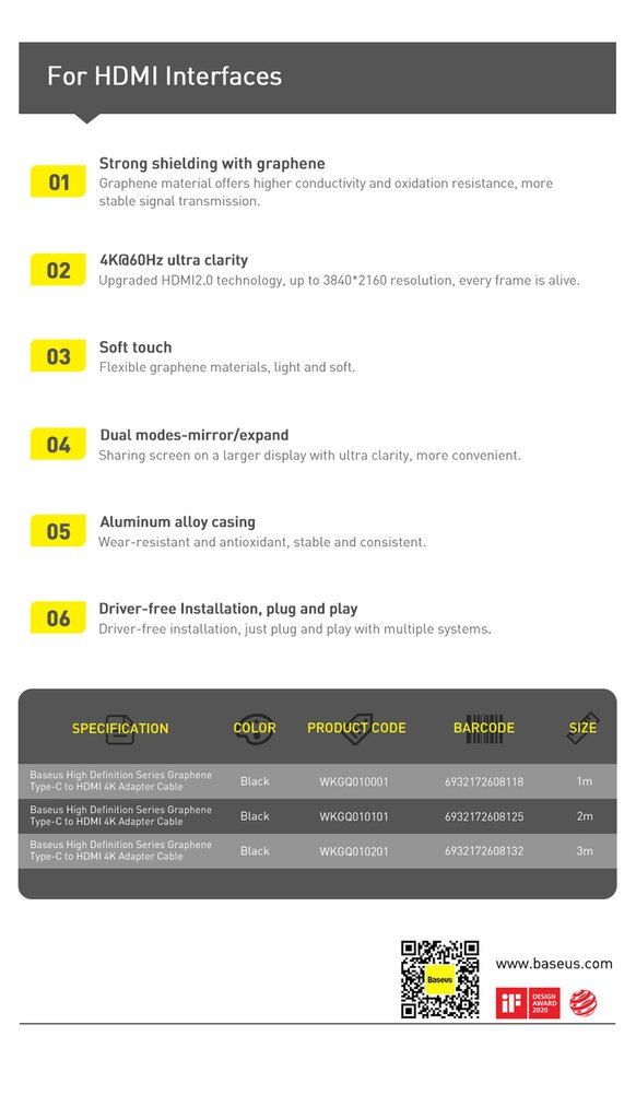 Baseus USB Type C - HDMI 2.0 4K 60Hz 3m (WKGQ010201) kaina ir informacija | Laidai telefonams | pigu.lt