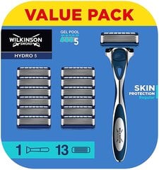 Влажный бритье Wilkinson Hydro 5 с защитой кожи, обычная машинка с сменными лезвиями 1 шт + картриджи 13 шт цена и информация | Косметика и средства для бритья | pigu.lt