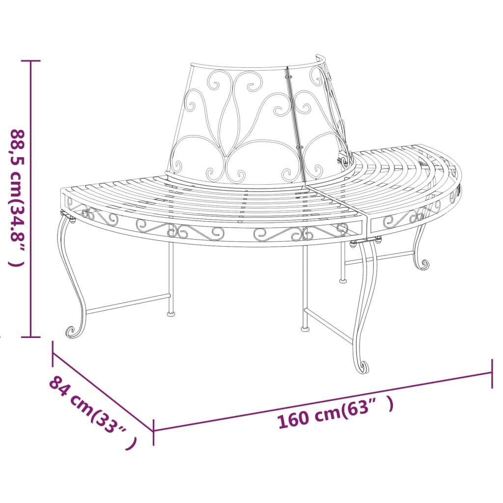 Pusapvalis suoliukas aplink medį, juodas, 160cm, plienas kaina ir informacija | Lauko suolai | pigu.lt