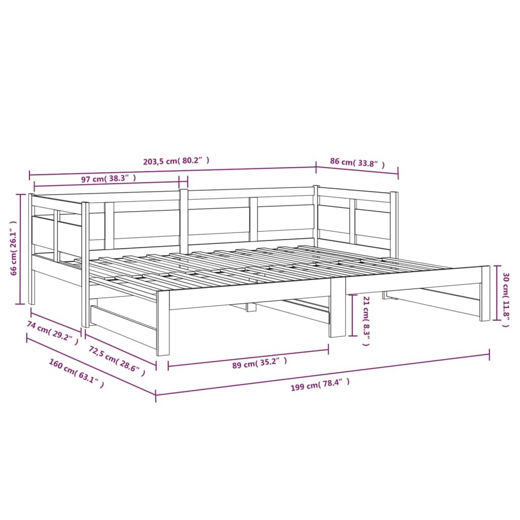 Ištraukiama lova, 2x(80x200)cm, pušies medienos masyvas kaina ir informacija | Lovos | pigu.lt