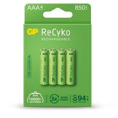 Батарея GP ReCyko+ AAA R03 850мAч NiMH 1.2V, 4 шт. цена и информация | GP Batteries Сантехника, ремонт, вентиляция | pigu.lt