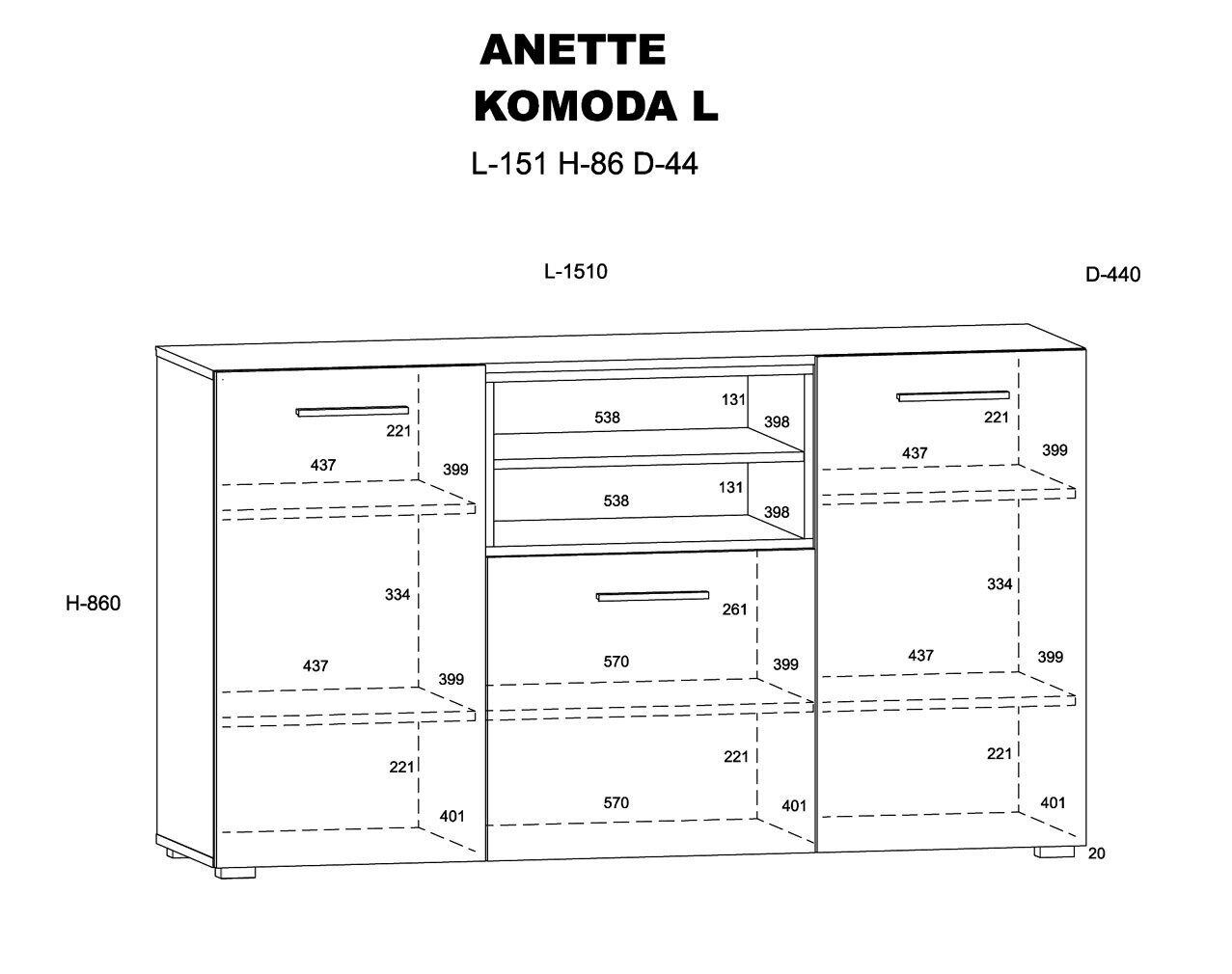 Anette L komoda 151 cm matinis juodas/ąžuolinis amatininkų intarpas kaina ir informacija | Komodos | pigu.lt