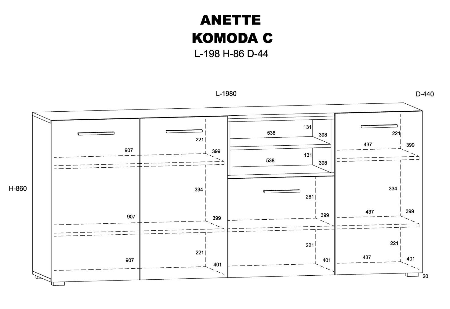 Anette C komoda 198 cm matinė juoda/ąžuolinė kaina ir informacija | Komodos | pigu.lt