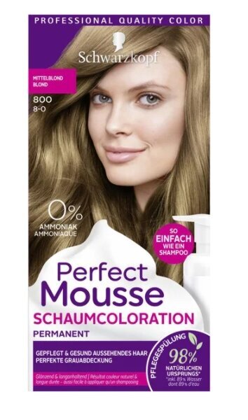 Plaukų dažai Schwarzkopf Perfect Mousse 800 Medium Blonde цена и информация | Plaukų dažai | pigu.lt