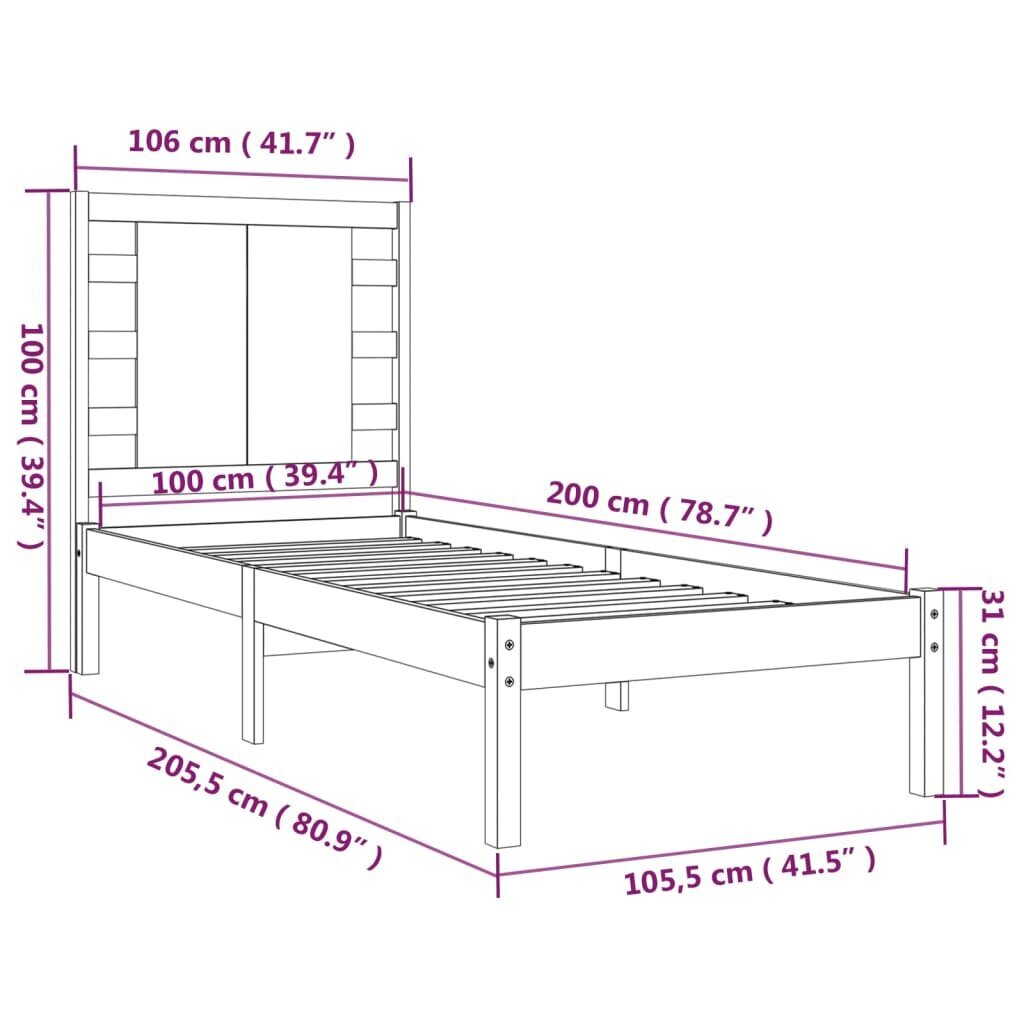 VidaXL Lovos rėmas, juodos spalvos, 100 x 200 cm, pušies medienos masyvas kaina ir informacija | Lovos | pigu.lt