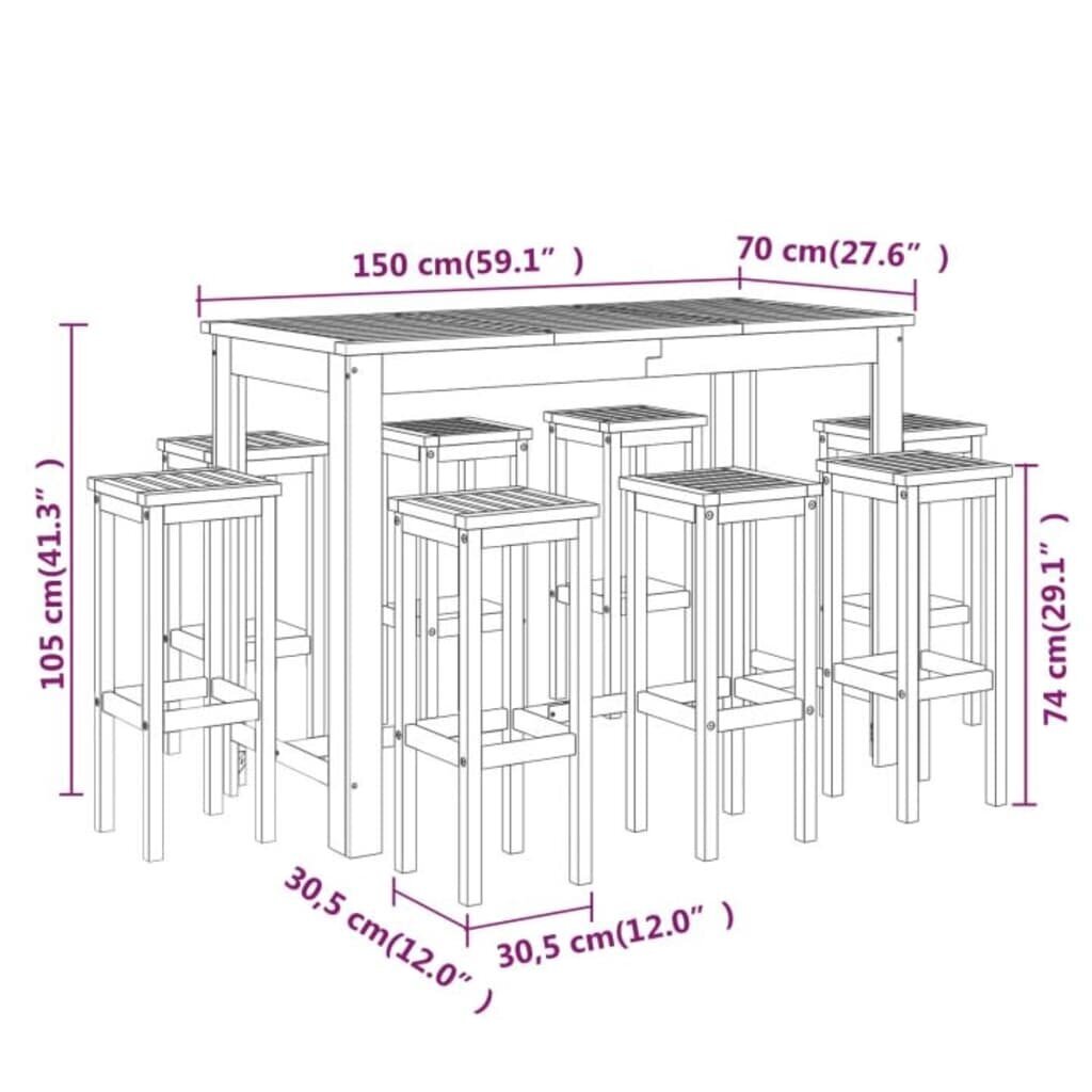 Sodo baro baldų komplektas vidaXL, Akacijos medienos masyvas, 9 dalių kaina ir informacija | Lauko baldų komplektai | pigu.lt