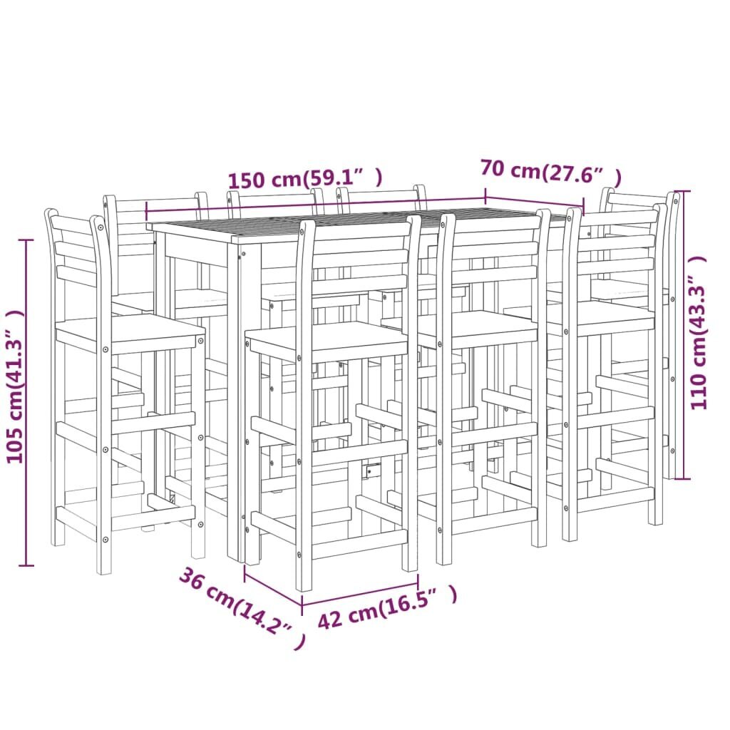 Sodo baro baldų komplektas vidaXL, Akacijos medienos masyvas, 9 dalių kaina ir informacija | Lauko baldų komplektai | pigu.lt