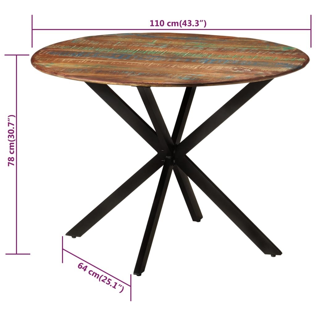 vidaXL Valgomojo stalas, 110x78cm, perdirbta mediena ir plienas kaina ir informacija | Virtuvės ir valgomojo stalai, staliukai | pigu.lt