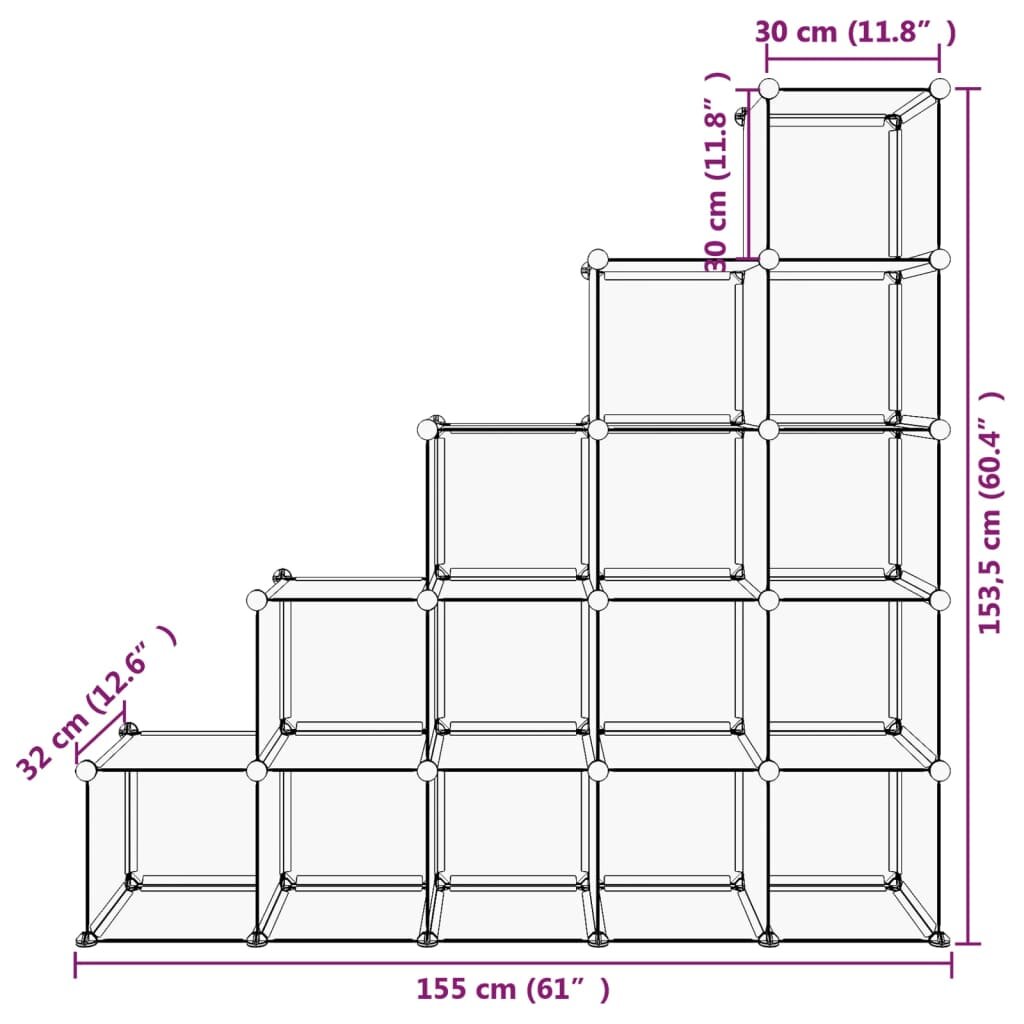 vidaXL lentyna su 15 kubo formos skyrių, skaidri, PP kaina ir informacija | Batų spintelės, lentynos ir suolai | pigu.lt