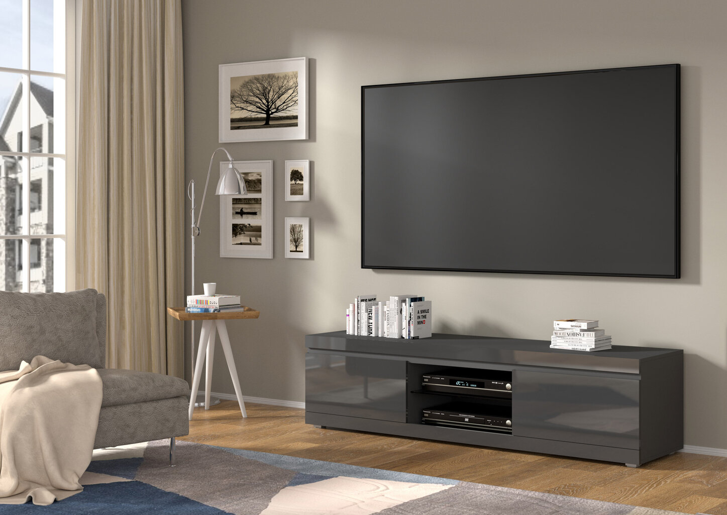 RTV NET 180 cm universali sieninė spintelė matinė/blizgi pilka kaina ir informacija | TV staliukai | pigu.lt