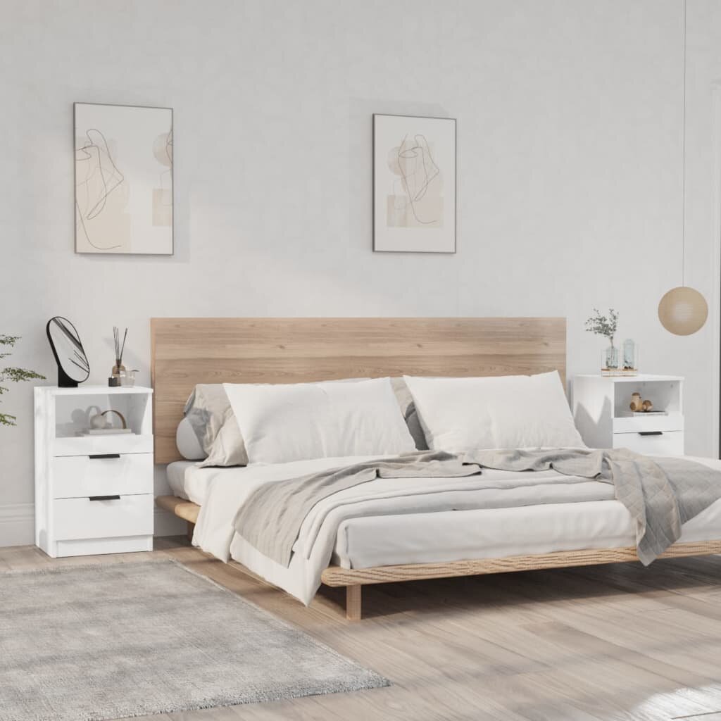 Naktinės spintelės, 2vnt., baltos, apdirbta mediena, blizgios kaina ir informacija | Spintelės prie lovos | pigu.lt