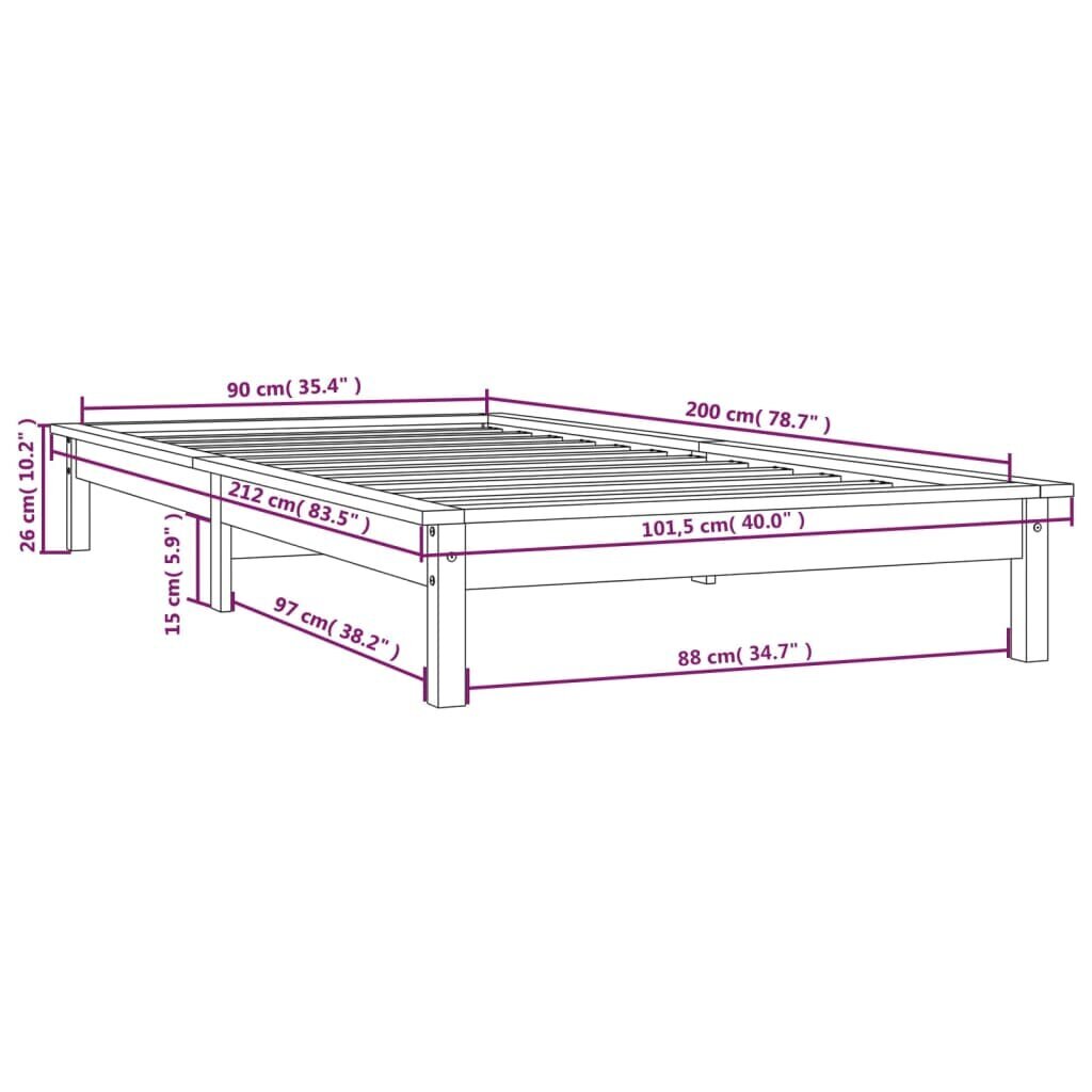 Lovos rėmas, baltas, 90x200cm, pušies medienos masyvas kaina ir informacija | Lovos | pigu.lt