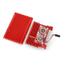 Raspberry Pi 4B aliumininis radiatorius su dviem ventiliatoriais - dėžutė raudonos spalvos kaina ir informacija | Atviro kodo elektronika | pigu.lt