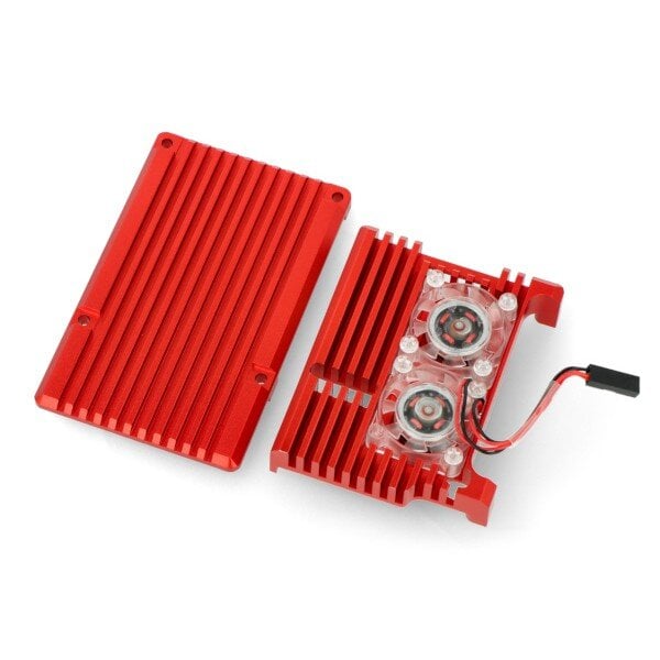 Raspberry Pi 4B aliumininis radiatorius su dviem ventiliatoriais - dėžutė raudonos spalvos цена и информация | Atviro kodo elektronika | pigu.lt