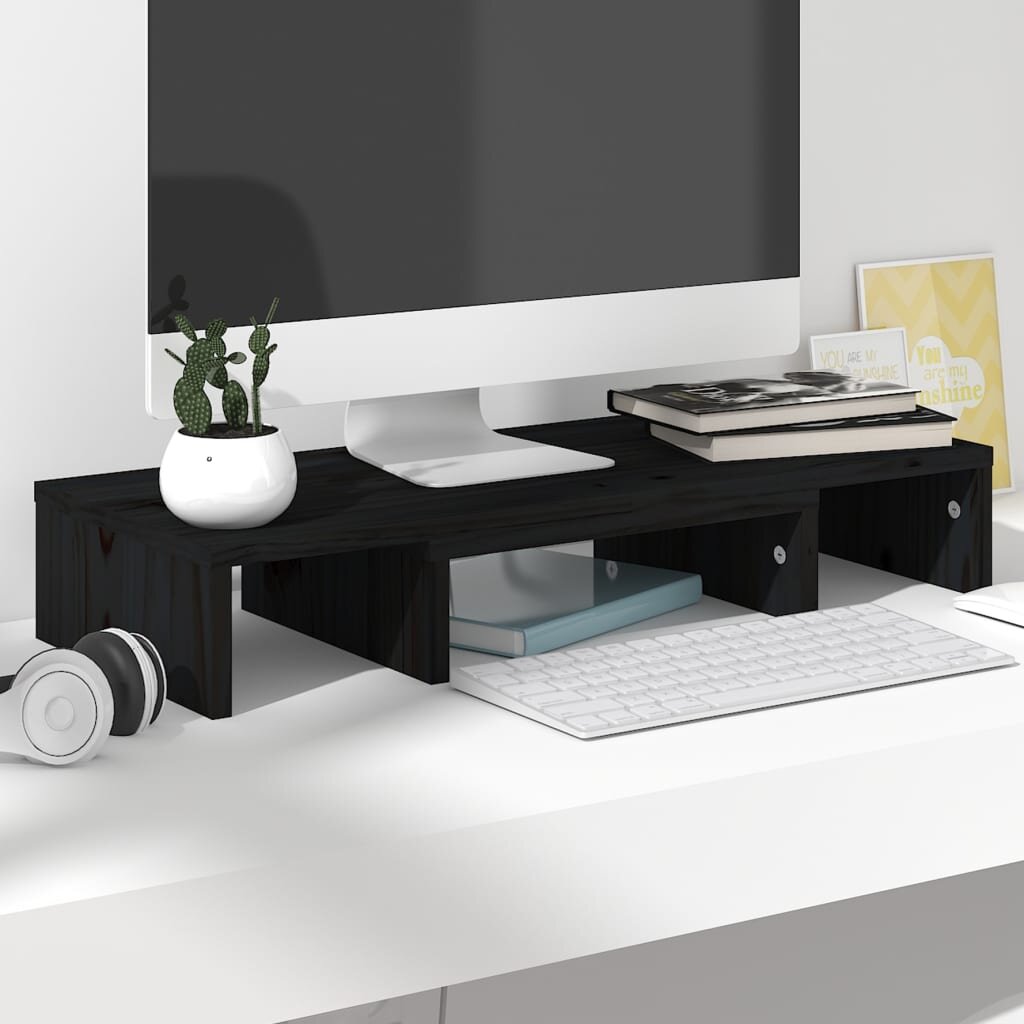Monitoriaus stovas, juodas, 60x24x10,5cm, pušies masyvas kaina ir informacija | TV staliukai | pigu.lt