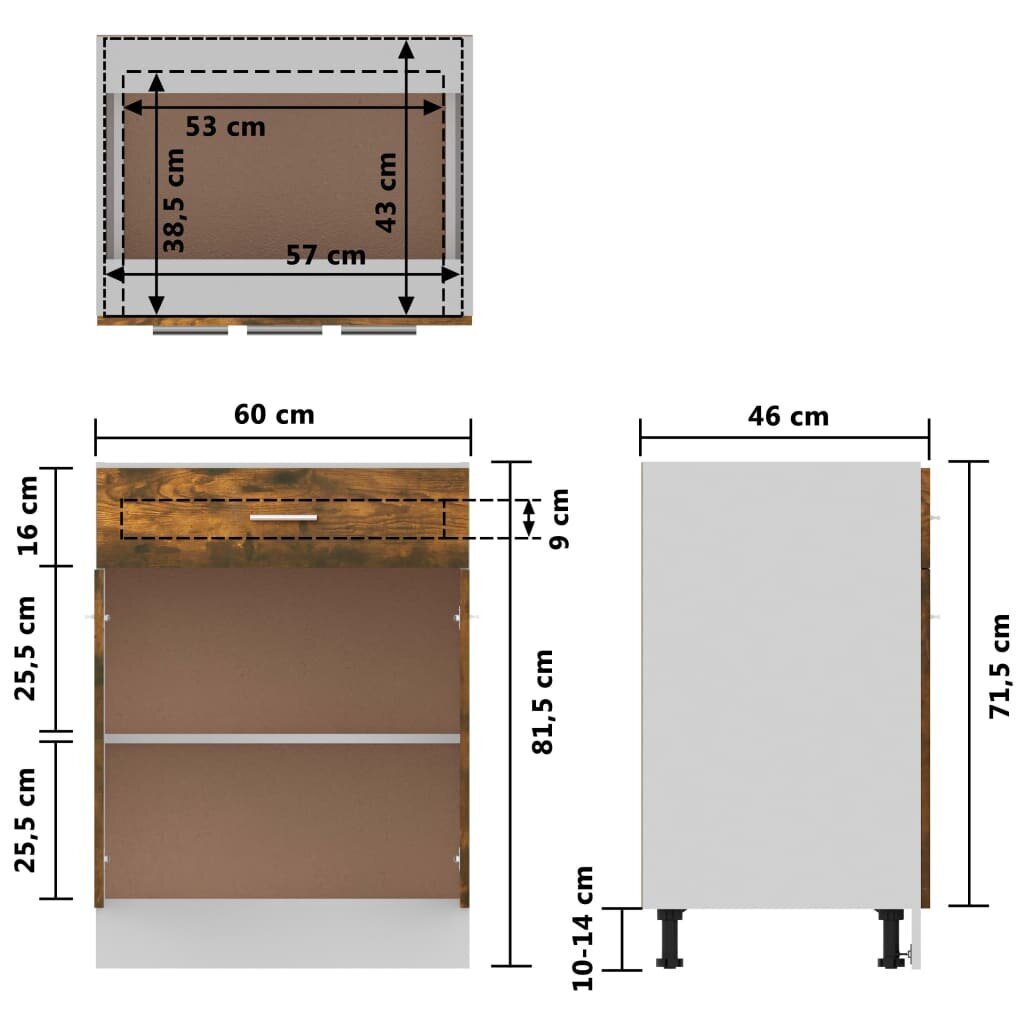Apatinė spintelė su stalčiumi, ąžuolo, 60 x 46 x 81,5 cm, mediena kaina ir informacija | Virtuvinės spintelės | pigu.lt