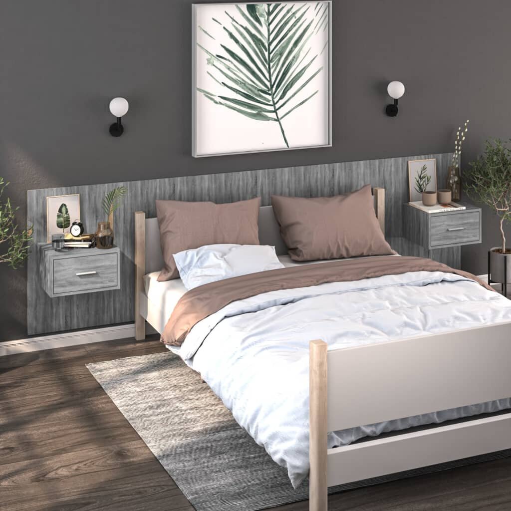 Prie sienos montuojama naktinė spintelė, pilkos ąžuolo spalvos kaina ir informacija | Spintelės prie lovos | pigu.lt