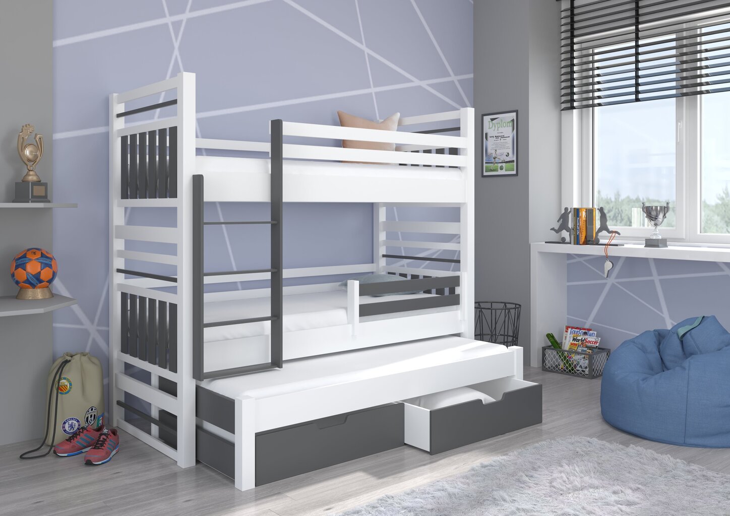 Vaikiška lova Hippo 190x87x175cm, balta/pilka kaina ir informacija | Vaikiškos lovos | pigu.lt