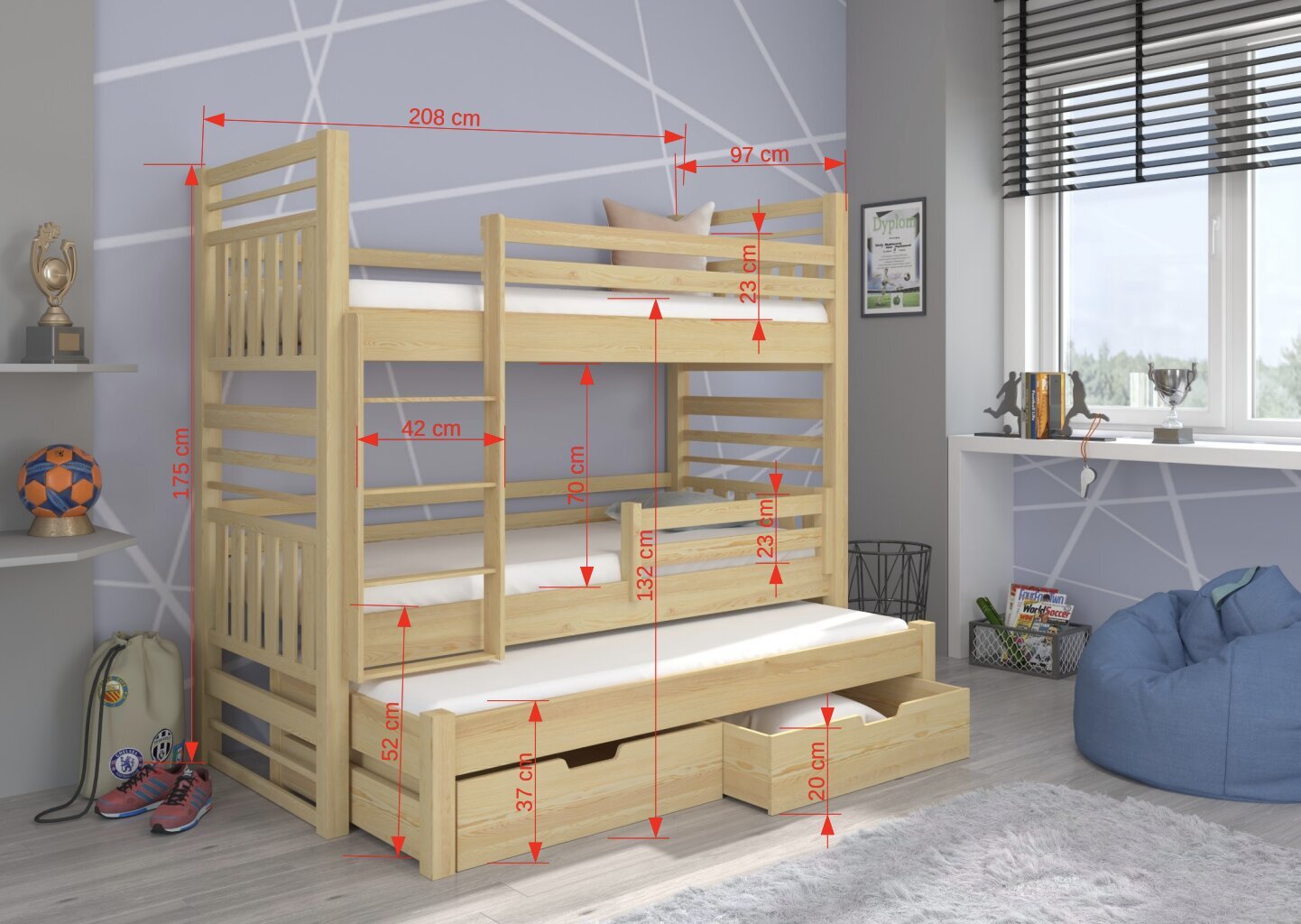 Vaikiška lova Hippo 208x97x175cm, ruda kaina ir informacija | Vaikiškos lovos | pigu.lt