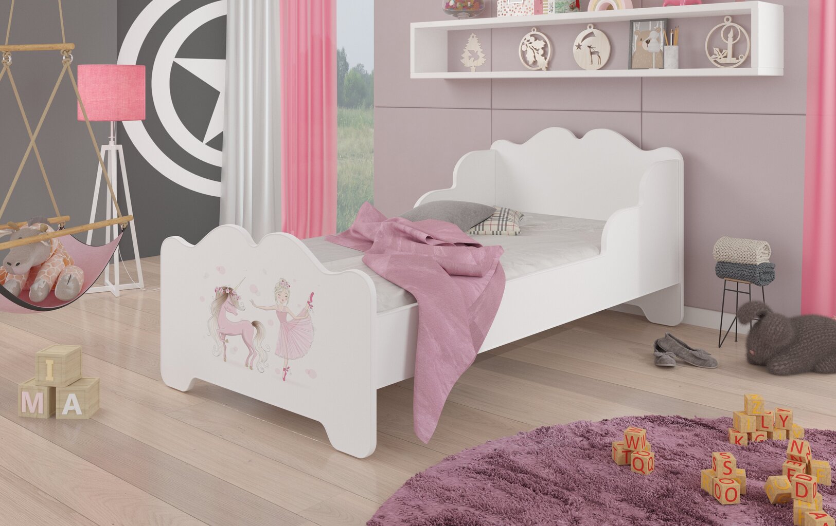 Lova ADRK Furniture Ximena Ballerina with Unicorn, 160x80 cm, balta kaina ir informacija | Vaikiškos lovos | pigu.lt