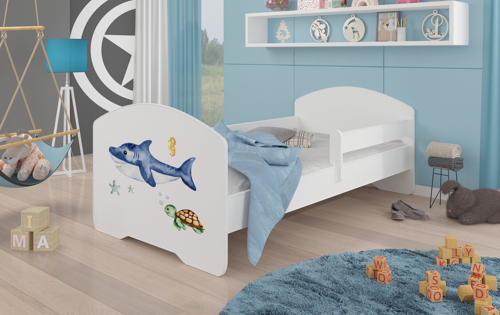 Lova ADRK Furniture Pepe Barrier Sea Animals, 140x70 cm, balta kaina ir informacija | Vaikiškos lovos | pigu.lt