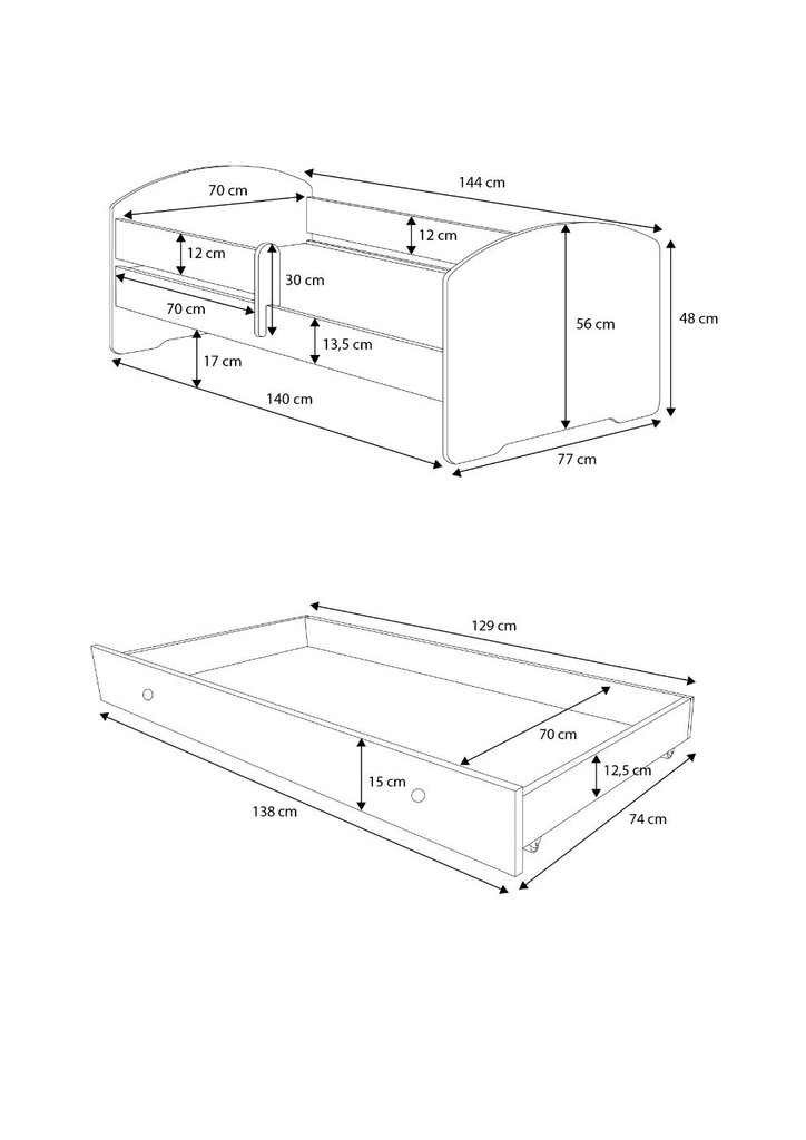 Lova ADRK Furniture Pepe Railway, 140x70 cm, balta kaina ir informacija | Vaikiškos lovos | pigu.lt