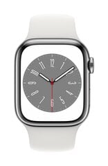 Apple Watch Series 8 GPS + Cellular 45мм Серебристый корпус из нержавеющей стали, белый спортивный ремешок - Regular MNKE3KS/A цена и информация | Смарт-часы (smartwatch) | pigu.lt