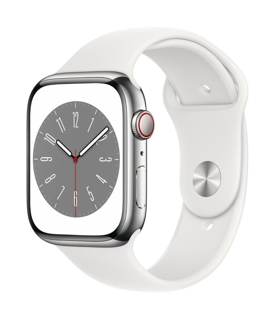 Apple Watch Series 8 GPS + Cellular 45mm Silver Stainless Steel Case ,White Sport Band - MNKE3EL/A LV-EE kaina ir informacija | Išmanieji laikrodžiai (smartwatch) | pigu.lt