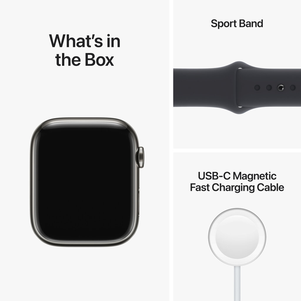 Apple Watch Series 8 GPS + Cellular 45mm Graphite Stainless Steel Case ,Midnight Sport Band - MNKU3EL/A LV-EE kaina ir informacija | Išmanieji laikrodžiai (smartwatch) | pigu.lt