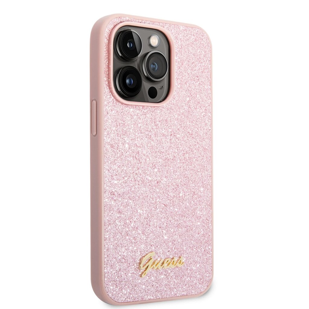 Guess PC/TPU Glitter Flakes Metal Logo Case skirtas iPhone 14 Pro, rožinis kaina ir informacija | Telefono dėklai | pigu.lt