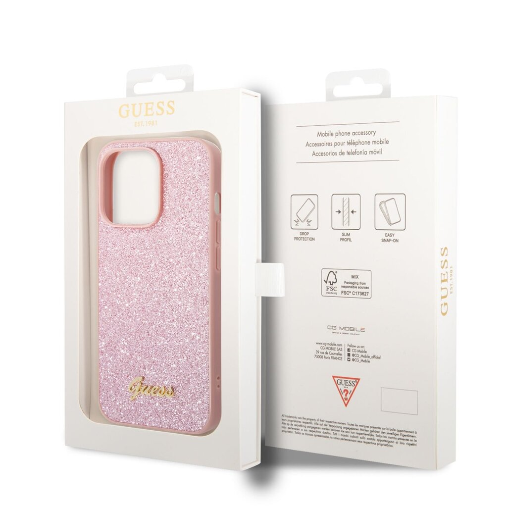 Guess PC/TPU Glitter Flakes Metal Logo Case skirta iPhone 14 Pro Max, rožinis kaina ir informacija | Telefono dėklai | pigu.lt