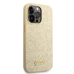 Guess PC/TPU Glitter Flakes Metal Logo Case skirtas iPhone 14 Pro Max, auksinis kaina ir informacija | Telefonų dėklai | pigu.lt