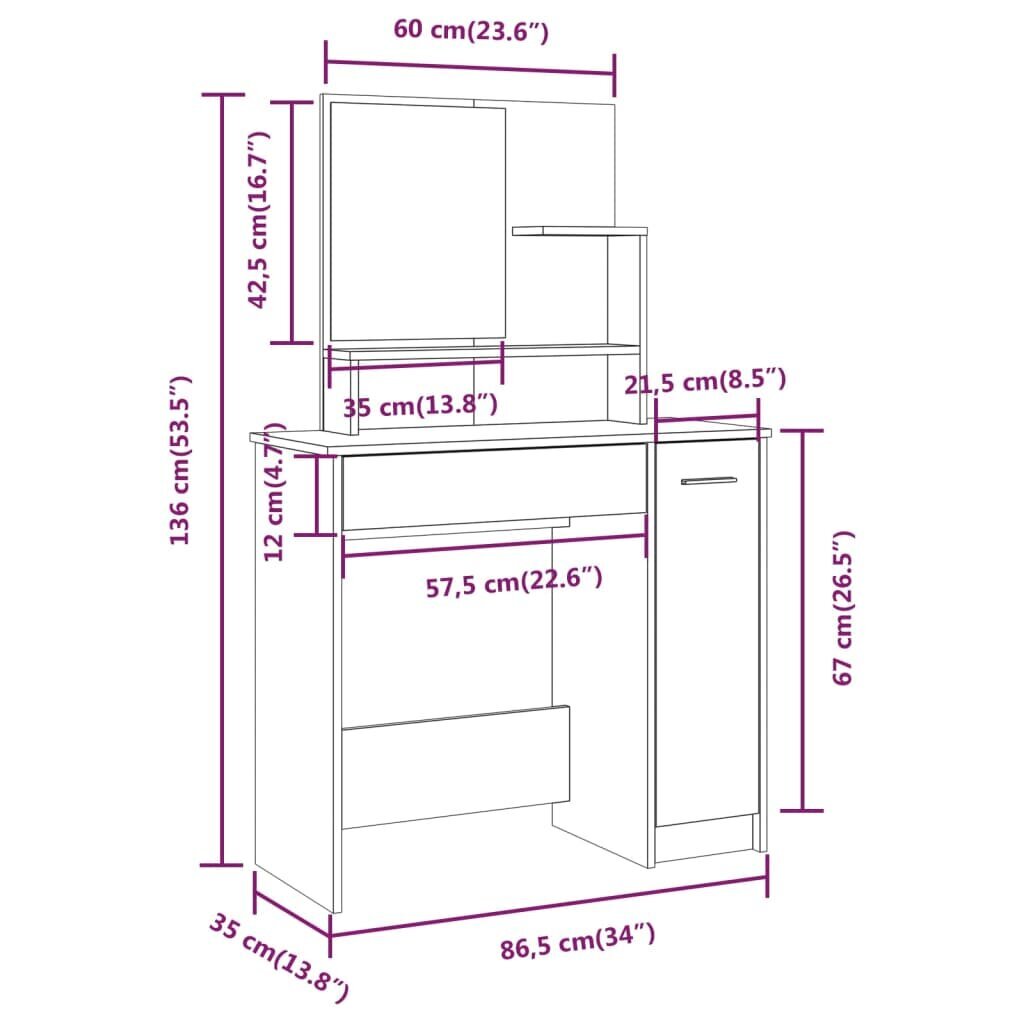 Kosmetinis staliukas su veidrodžiu, 86,5x35x136cm, balta kaina ir informacija | Kosmetiniai staliukai | pigu.lt