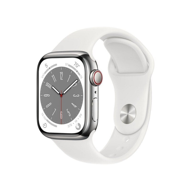 Apple Watch Series 8 GPS + Cellular 41mm Silver Stainless Steel Case ,White Sport Band - MNJ53UL/A kaina ir informacija | Išmanieji laikrodžiai (smartwatch) | pigu.lt