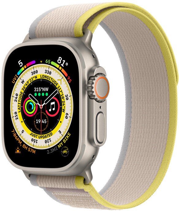 Apple Watch Ultra GPS + Cellular, 49mm Titanium Case ,Yellow/Beige Trail Loop - S/M MNHK3EL/A LV-EE kaina ir informacija | Išmanieji laikrodžiai (smartwatch) | pigu.lt