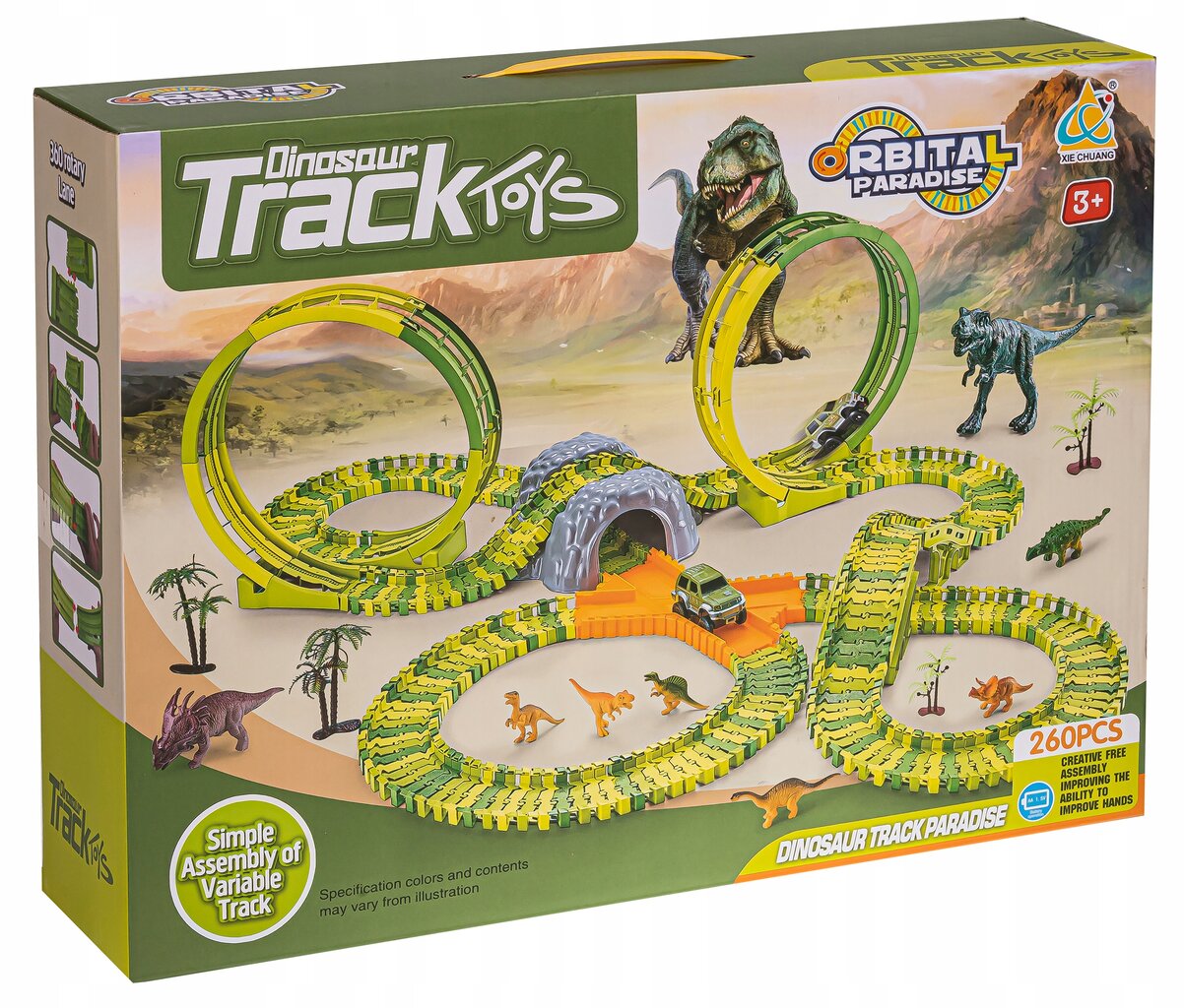 Mega lenktynių trasa 2 x 360 ° Loop Dino World Track 260 el. цена и информация | Lavinamieji žaislai | pigu.lt